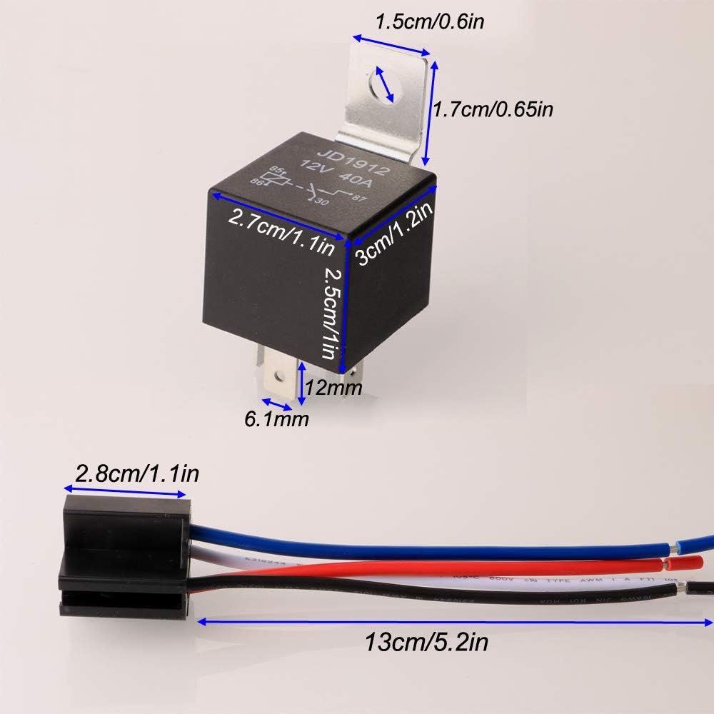 JD1912 Relay Harness 12V 40A 4 Pin SPST 12AWG Harness Sockets with Color-Labeled Wires