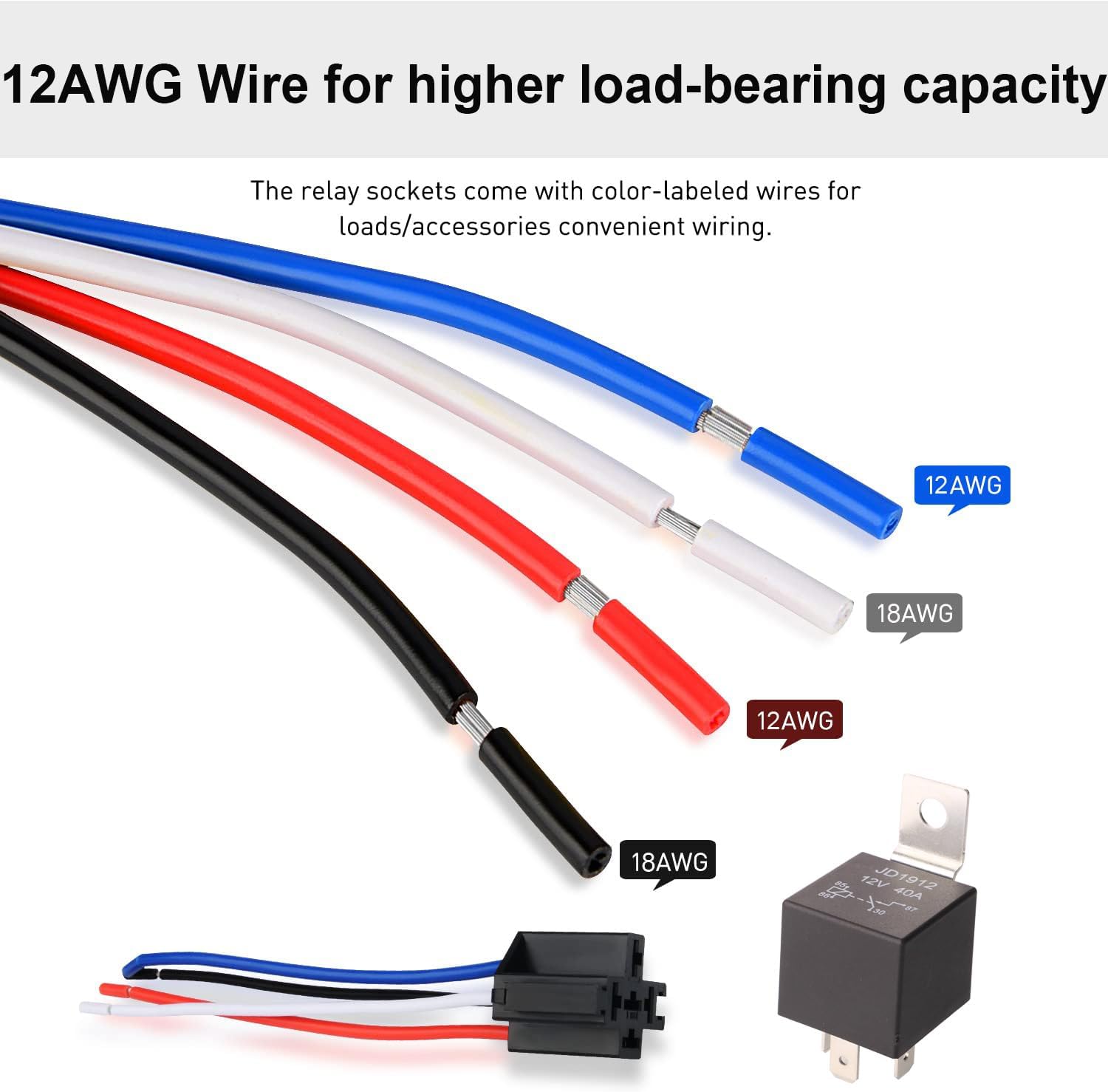 JD1912 Relay Harness 12V 40A 4 Pin SPST 12AWG Harness Sockets with Color-Labeled Wires