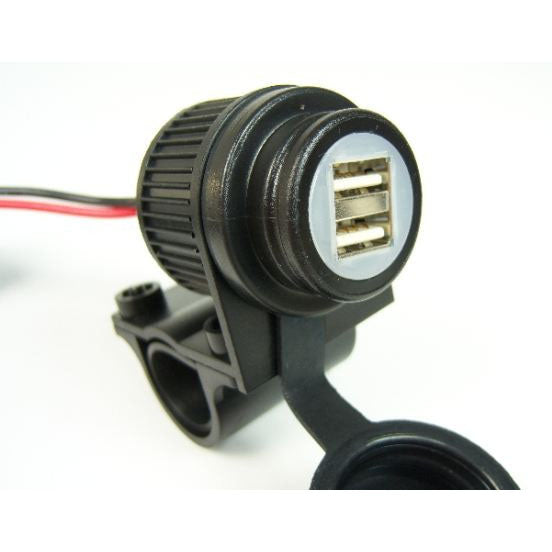Dual USB A Socket 12-24V with Handlebar Mount 22mm or 25mm