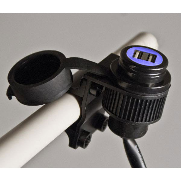 Dual USB A Socket 12-24V with Handlebar Mount 22mm or 25mm