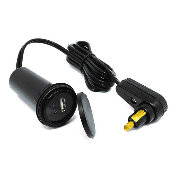 Chargeur USB-A & USB-C Angle Droit pour Sac de Réservoir avec Connecteur DIN pour Prise Accessoire
