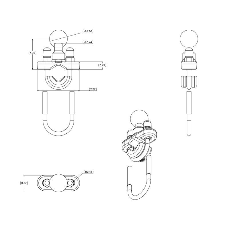 Handlebar U-Bolt Base for Rails 0.5" to 1.25" in Diameter